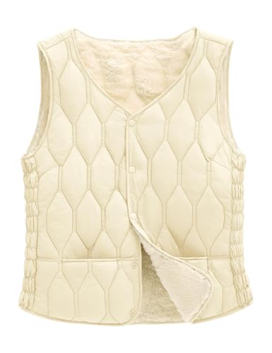 CMTOP Weste Damen Herbst, Leichte Lässig Steppweste, Einfarbig Ärmelloser Jacke Fleeceweste, Winddichte Fleece Gefütterter Warm Westen Jacke Kurz mit Knopfleiste(Beige,XL) von CMTOP