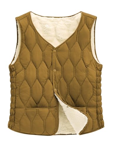 CMTOP Weste Damen Herbst, Leichte Lässig Steppweste, Einfarbig Ärmelloser Jacke Fleeceweste, Winddichte Fleece Gefütterter Warm Westen Jacke Kurz mit Knopfleiste(Gelb,XS) von CMTOP