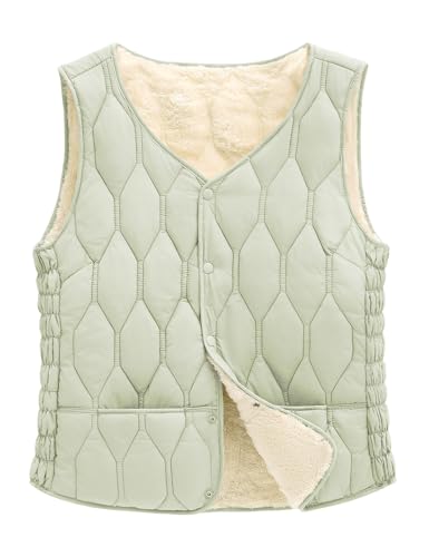 CMTOP Weste Damen Herbst, Leichte Lässig Steppweste, Einfarbig Ärmelloser Jacke Fleeceweste, Winddichte Fleece Gefütterter Warm Westen Jacke Kurz mit Knopfleiste(Grün,XL) von CMTOP