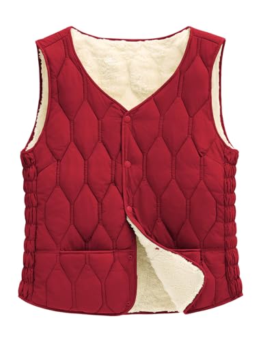 CMTOP Weste Damen Herbst, Leichte Lässig Steppweste, Einfarbig Ärmelloser Jacke Fleeceweste, Winddichte Fleece Gefütterter Warm Westen Jacke Kurz mit Knopfleiste(Rot,L) von CMTOP