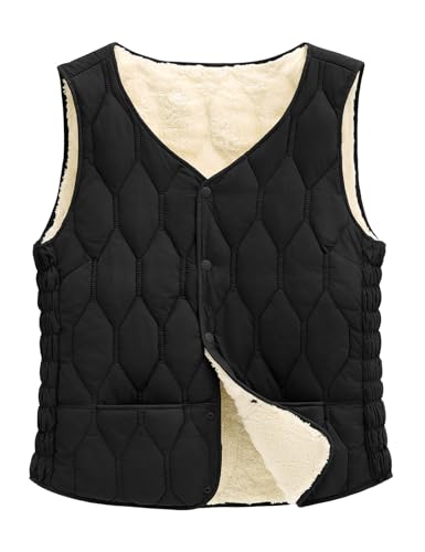 CMTOP Weste Damen Herbst, Leichte Lässig Steppweste, Einfarbig Ärmelloser Jacke Fleeceweste, Winddichte Fleece Gefütterter Warm Westen Jacke Kurz mit Knopfleiste(Schwarz,XL) von CMTOP