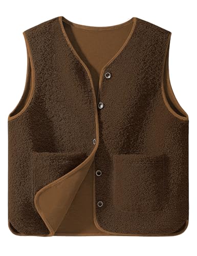 CMTOP Weste Damen Teddy Fleece Weste Kurz Herbst Winter Ärmellos Damen-Westen Einfarbig V-Ausschnitt Westen Bequem Wärme Fleeceweste Casual Plüschweste mit Taschen(Kaffee, XXL) von CMTOP