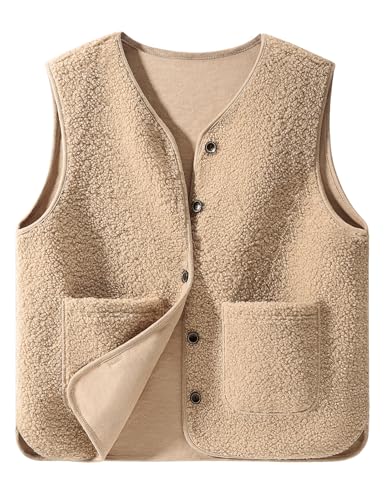CMTOP Weste Damen Teddy Fleece Weste Kurz Herbst Winter Ärmellos Damen-Westen Einfarbig V-Ausschnitt Westen Bequem Wärme Fleeceweste Casual Plüschweste mit Taschen(Khaki, XXL) von CMTOP