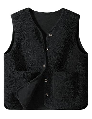 CMTOP Weste Damen Teddy Fleece Weste Kurz Herbst Winter Ärmellos Damen-Westen Einfarbig V-Ausschnitt Westen Bequem Wärme Fleeceweste Casual Plüschweste mit Taschen(Schwarz, S) von CMTOP