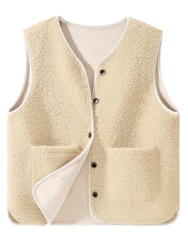 CMTOP Weste Damen Teddy Fleece Weste Kurz Herbst Winter Ärmellos Damen-westen Einfarbig V-Ausschnitt Westen Bequem Wärme Fleeceweste Casual Plüschweste mit Taschen(Hellkhaki,L) von CMTOP