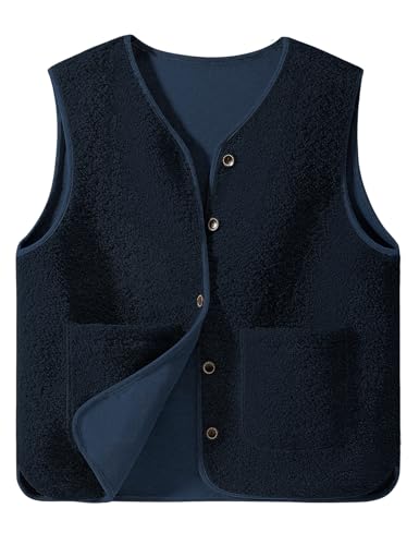 CMTOP Weste Damen Teddy Fleece Weste Kurz Herbst Winter Ärmellos Damen-westen Einfarbig V-Ausschnitt Westen Bequem Wärme Fleeceweste Casual Plüschweste mit Taschen(Marineblau,S) von CMTOP