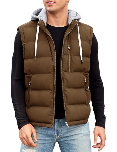 CMTOP Weste Herren mit Kapuze Wasserabweisend Steppweste Warme Herren-Westen, Leicht Ärmellose Jacke Winddichte Winterweste Reißverschluss Bodywarmer Vest Gilet mit Taschen(Kaffeefarbe,M) von CMTOP