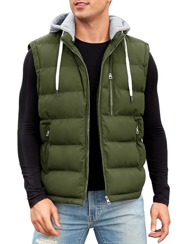 CMTOP Weste Herren mit Kapuze Wasserabweisend Steppweste Warme Herren-Westen, Leicht Ärmellose Jacke Winddichte Winterweste Reißverschluss Bodywarmer Vest Gilet mit Taschen(Militärgrün,L) von CMTOP