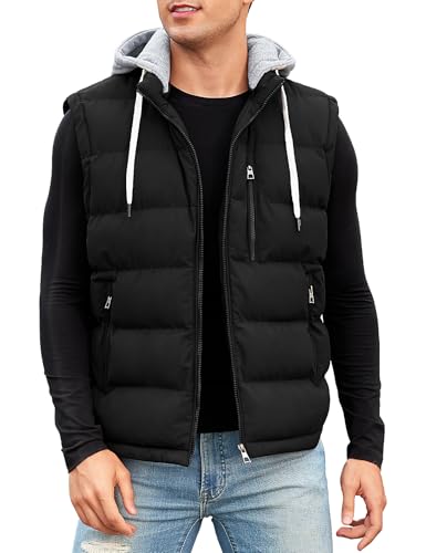CMTOP Weste Herren mit Kapuze Wasserabweisend Steppweste Warme Herren-Westen, Leicht Ärmellose Jacke Winddichte Winterweste Reißverschluss Bodywarmer Vest Gilet mit Taschen(Schwarz,L) von CMTOP