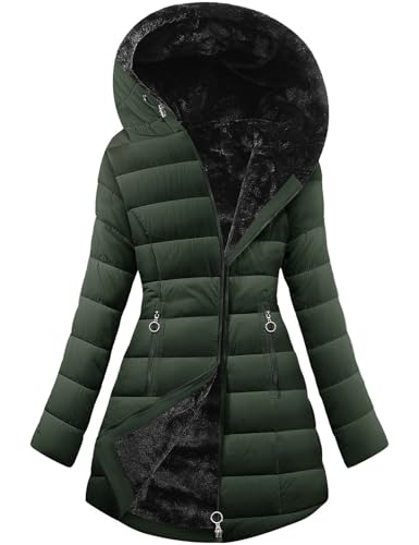CMTOP Winterjacke Damen Gefüttert Fleecejacke Warme Steppjacke Dicke Wintermantel Parka Elegant Steppmantel Jacke Lang Fleece Damen-jacken Casual Winterparka mit Kapuze, Taschen(Armeegrün,S) von CMTOP