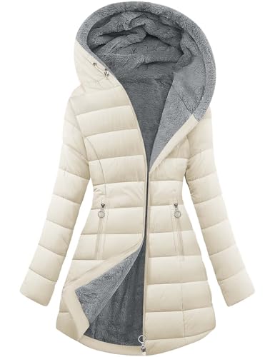 CMTOP Winterjacke Damen Gefüttert Fleecejacke Warme Steppjacke Dicke Wintermantel Parka Elegant Steppmantel Jacke Lang Fleece Damen-jacken Casual Winterparka mit Kapuze, Taschen(Beige,S) von CMTOP