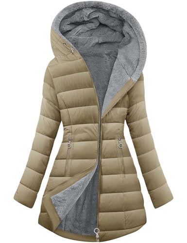 CMTOP Winterjacke Damen Gefüttert Fleecejacke Warme Steppjacke Dicke Wintermantel Parka Elegant Steppmantel Jacke Lang Fleece Damen-jacken Casual Winterparka mit Kapuze, Taschen(Khaki,L) von CMTOP