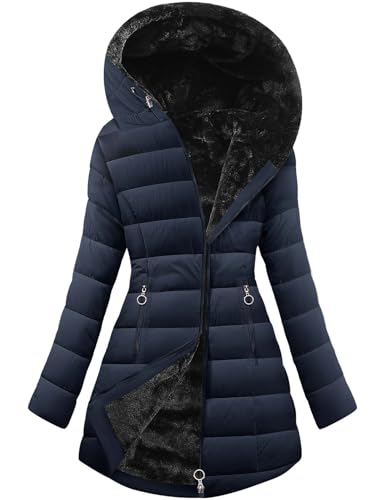 CMTOP Winterjacke Damen Gefüttert Fleecejacke Warme Steppjacke Dicke Wintermantel Parka Elegant Steppmantel Jacke Lang Fleece Damen-jacken Casual Winterparka mit Kapuze, Taschen(Marineblau,S) von CMTOP