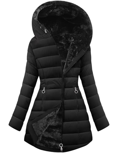 CMTOP Winterjacke Damen Gefüttert Fleecejacke Warme Steppjacke Dicke Wintermantel Parka Elegant Steppmantel Jacke Lang Fleece Damen-jacken Casual Winterparka mit Kapuze, Taschen(Schwarz,L) von CMTOP