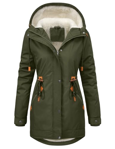 CMTOP Winterjacke Damen Warm Dicke Wintermantel Mittellang Fleece Gefütterte Parka Elegant Casual Outdoor Kapuzenmantel Herbst Winter Jacke Hoodie mit Reißverschluss, Kordelzug(Armeegrün, S) von CMTOP