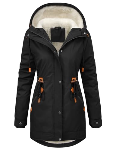 CMTOP Winterjacke Damen Warm Dicke Wintermantel Mittellang Fleece Gefütterte Parka Elegant Casual Outdoor Kapuzenmantel Herbst Winter Jacke Hoodie mit Reißverschluss, Kordelzug(Schwarz, XXL) von CMTOP