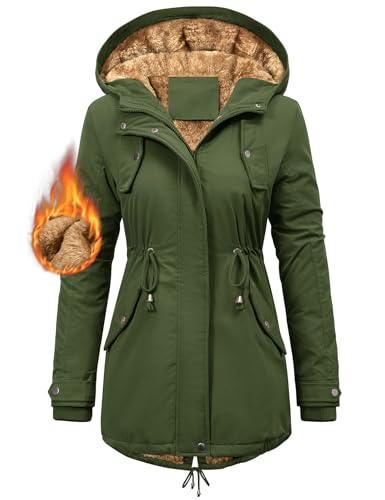 CMTOP Winterjacke Damen Warm Wintermantel Gefüttert Parka Winter Damen-jacken Lang Dicke Mantel mit Kapuze Herbst Winter Jacke mit Taschen, Kordelzug(Armeegrün, M) von CMTOP