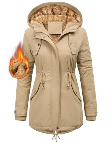 CMTOP Winterjacke Damen Warm Wintermantel Gefüttert Parka Winter Damen-jacken Lang Dicke Mantel mit Kapuze Herbst Winter Jacke mit Taschen, Kordelzug(Khaki, L) von CMTOP