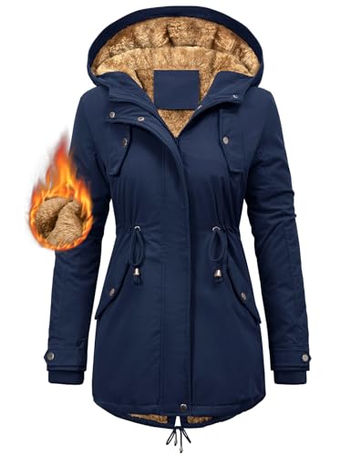 CMTOP Winterjacke Damen Warm Wintermantel Gefüttert Parka Winter Damen-jacken Lang Dicke Mantel mit Kapuze Herbst Winter Jacke mit Taschen, Kordelzug(Marineblau, L) von CMTOP