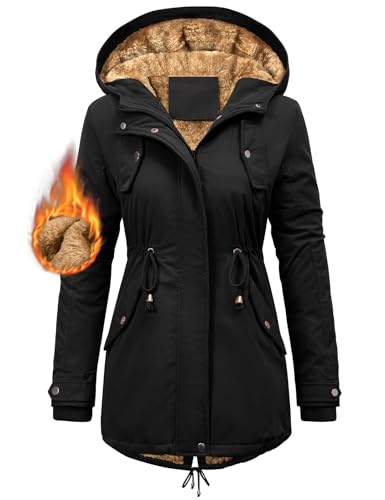 CMTOP Winterjacke Damen Warm Wintermantel Gefüttert Parka Winter Damen-jacken Lang Dicke Mantel mit Kapuze Herbst Winter Jacke mit Taschen, Kordelzug(Schwarz, M) von CMTOP
