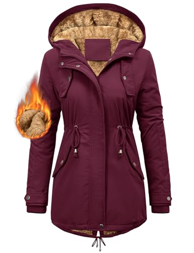 CMTOP Winterjacke Damen Warm Wintermantel Gefüttert Parka Winter Damen-jacken Lang Dicke Mantel mit Kapuze Herbst Winter Jacke mit Taschen, Kordelzug(Weinrot, S) von CMTOP