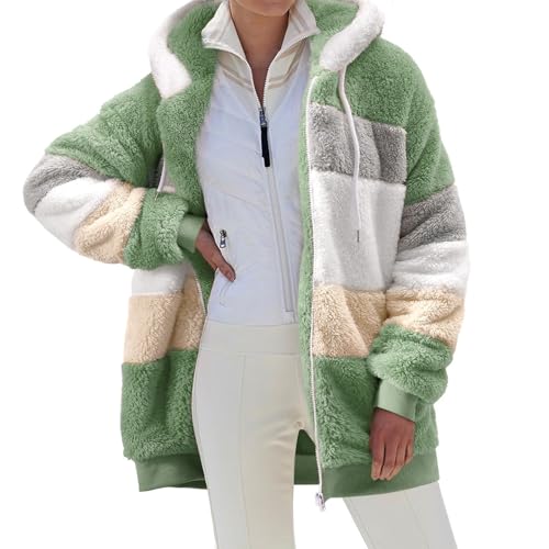 CMTOP Winterjacke Damen Warme Fleecejacke Hoodie Teddyjacke Herbst Winter Teddyfleece Jacke Flauschiger Plüschjacke Casual Wintermantel Reißverschluss Kapuzenjacke mit Taschen(Grün, XL) von CMTOP