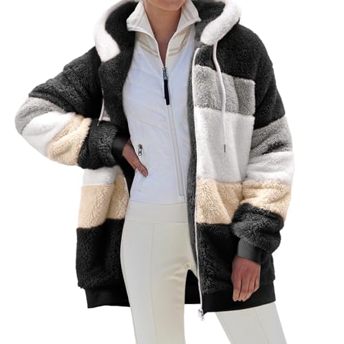 CMTOP Winterjacke Damen Warme Fleecejacke Hoodie Teddyjacke Herbst Winter Teddyfleece Jacke Flauschiger Plüschjacke Casual Wintermantel Reißverschluss Kapuzenjacke mit Taschen(Schwarz, M) von CMTOP