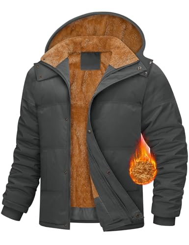 CMTOP Winterjacke Herren Gefüttert Fleecejacke Warme Wintermantel Dick Steppjacke Herren-jacken Lang Winter Jacke Winddicht Parka mit Abnehmbarer Kapuze, Taschen(Dunkelgrau, L) von CMTOP