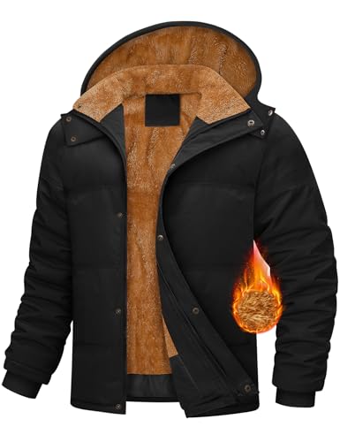 CMTOP Winterjacke Herren Gefüttert Fleecejacke Warme Wintermantel Dick Steppjacke Herren-jacken Lang Winter Jacke Winddicht Parka mit Abnehmbarer Kapuze, Taschen(Schwarz, L) von CMTOP