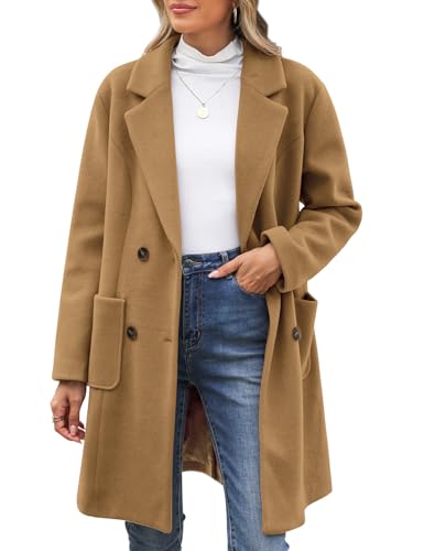 CMTOP Wintermantel Damen V-Ausschnitt Revers Mantel Lang Warm Wollmantel Herbst Winter Damen-mäntel Gerade Zweireihiger Übergangsmantel Elegant Damenmantel mit Taschen(Camel, XXL) von CMTOP