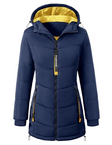CMTOP Wintermantel Damen Warme Steppmantel Dicker Winterjacke Herbst Winter Steppjacke Parka Lang Reißverschluss Damen-mäntel Casual Winterparka mit Kapuze, Taschen(Dunkelblau, XL) von CMTOP