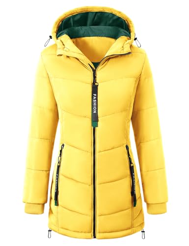 CMTOP Wintermantel Damen Warme Steppmantel Dicker Winterjacke Herbst Winter Steppjacke Parka Lang Reißverschluss Damen-mäntel Casual Winterparka mit Kapuze, Taschen(Gelb, XL) von CMTOP