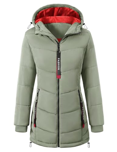 CMTOP Wintermantel Damen Warme Steppmantel Dicker Winterjacke Herbst Winter Steppjacke Parka Lang Reißverschluss Damen-mäntel Casual Winterparka mit Kapuze, Taschen(Grün, XL) von CMTOP