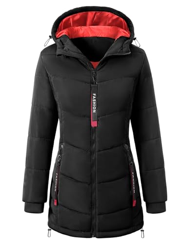 CMTOP Wintermantel Damen Warme Steppmantel Dicker Winterjacke Herbst Winter Steppjacke Parka Lang Reißverschluss Damen-mäntel Casual Winterparka mit Kapuze, Taschen(Schwarz, XXL) von CMTOP