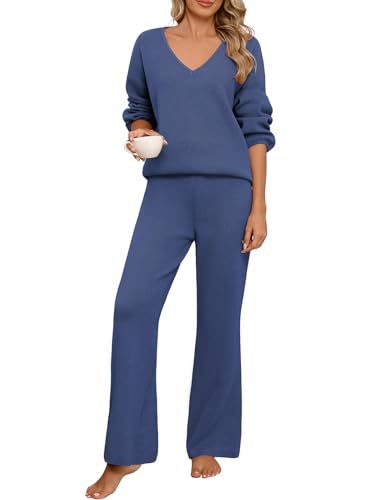 CMTOP Zweiteiler Damen Pullover Sets Freizeitanzug Elegant V Ausschnitt Langarm Strickpullover Top Lange Elastische Taille Weite Hose Lounge Set Hausanzug (Blau, L) von CMTOP