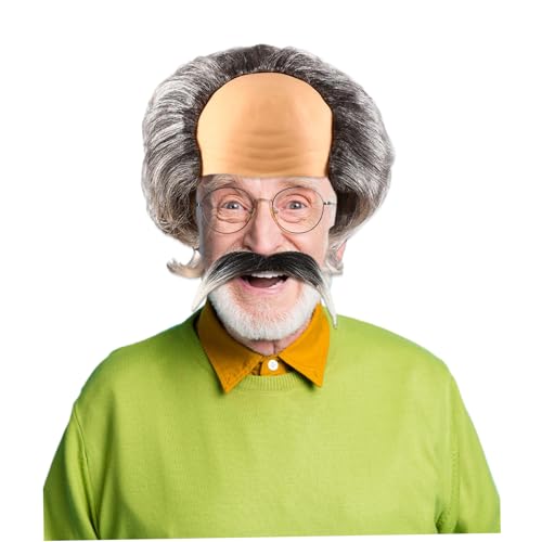 Alte Mann Kostüm Halloween Kostüme Old Man Perücke und gefälschte Bartkostüm kahle Perücke Kappe ＆ künstliche Schnurrbart Set für Cosplay Dress up Carnival Halloween Party von CNAFGBGG