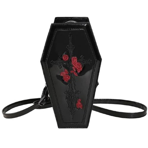 CNAFGBGG Halloween -Geldbörse für Frauen PU Leder Gothic Halloween Coffin Tasche Cross & Red Rose Muster Cosplay Coffin Goth Crossbody Bag mit verstellbarem Schultergurt.. CNAFGBGG Halloween -Geldbörse für Frauen PU Leder Gothic Halloween Coffin Tasche Cross & Red Rose Muster Cosplay Coffin Goth Crossbody Bag mit verstellbarem Schultergurt.. von CNAFGBGG