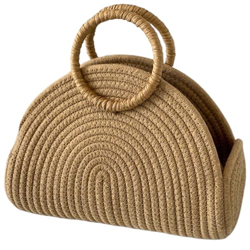 CNAFGBGG Rattan-Tasche Sommerstrohstrandtaschen für Frauen gewebter Strohbeutel Top-Griff Khaki Halbkreis Form Rattan-Handtasche für Stranddaten täglich Pendel von CNAFGBGG