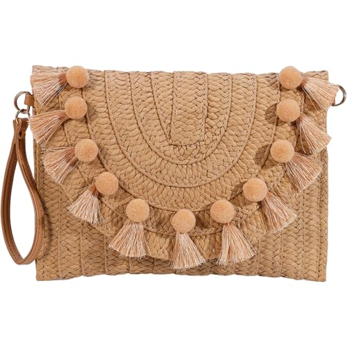 CNAFGBGG Strohkreuzkörpertaschen für Frauen, 11 x 8 Zoll Strohbeutel mit Pompom, Boho -gewebter Geldbörse mit verstellbarem abnehmbarem Riemen für Strand, Party, Reisen im Freien. von CNAFGBGG