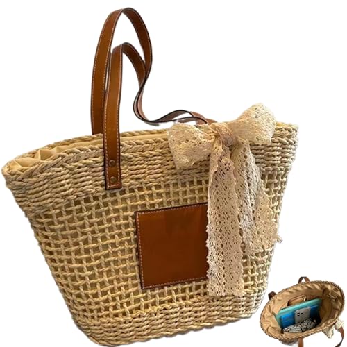 CNAFGBGG Strohstrandtasche für Frauen rustikaler Bohemian Hollow gewebter Tasche mit Bowknot & Reißverschluss großer Kapazität Multi-Occasional Summer Schulter Sommergeschenk (Beige). von CNAFGBGG