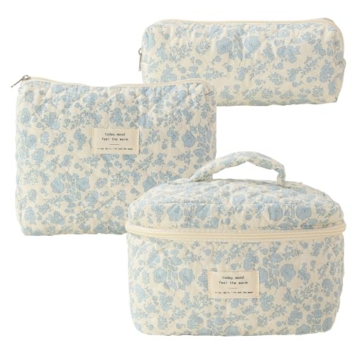Gesteppte Make -up -Beutel Set 3pcs Baumwollblumen -Make -up -Tasche in verschiedenen Größen, Zip -Verschluss ästhetische Toilettenbeutel Kosmetikbeutel Set für Frauen Mädchen Reisen Stil 1. von CNAFGBGG