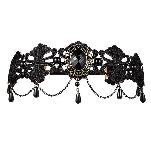 Gothic Stirnband Goth Crown Goth Kopfstück Stirn Kette Halloween Gothic Lolita Schwarz Perle Spitze Elastic Hair Band Kronstadband Kopfbedeckung Gothic Stirnband Goth Crown Goth Kopfstück Stirn Kette Halloween Gothic Lolita Schwarz Perle Spitze Elastic Hair Band Kronstadband Kopfbedeckung von CNAFGBGG