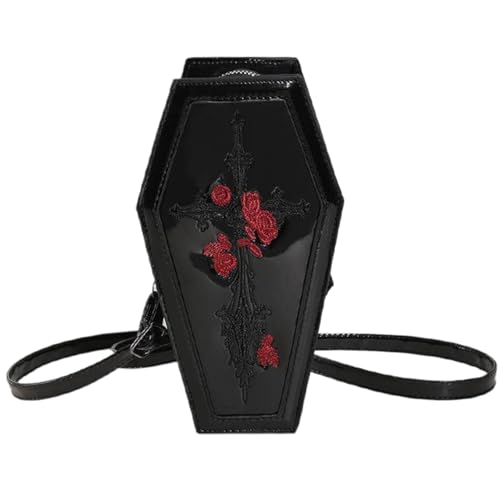 Halloween -Geldbörse für Frauen PU Leder Gothic Halloween Coffin Cross & Red Rose Muster Cosplay Coffin Goth Crossbody Tasche mit verstellbarem Schultergurt. von CNAFGBGG