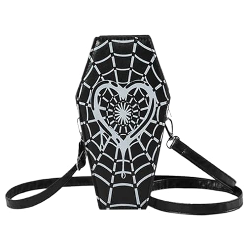 Halloween-Geldbörse für Frauen PU Leder Gothic Halloween Coffin Geldbörse Herzförmiges Spinnennetz-Muster Cosplay Coffin Goth Crossbody Tasche mit verstellbarem Schultergurt von CNAFGBGG