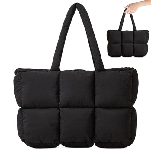 Puffer Einkaufstasche Große weiche, geschwollene Einkaufstasche mit Reißverschluss und innerer Taschenlicht Winter im Winter Down Cotton gepolstert gesteppt für Mädchen Einkaufsreisen, schwarz von CNAFGBGG