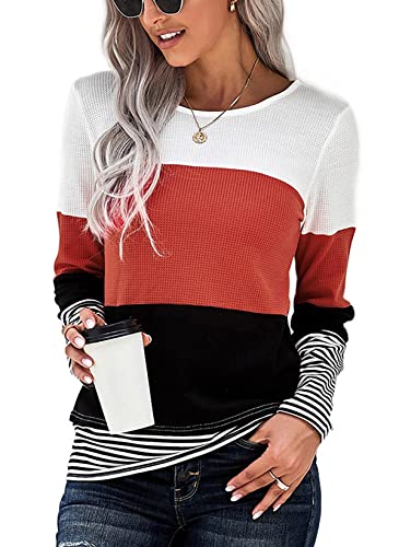 CNFUFEN Bluse Damen Longpullover Für Damen Oberteile Damen Basic Langarmshirt Damen Gestreifter Pullover Damen Top Long Sleeve Shirt Women rot XX-Large von CNFUFEN