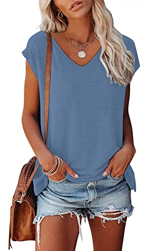 CNFUFEN T Shirt Damen Sommer Aesthetic Shirt Einfarbiges Sommerkleid Damen Kurzarm Lockere Atmungsaktiv Hemdbluse Damen Polyester Blau S von CNFUFEN