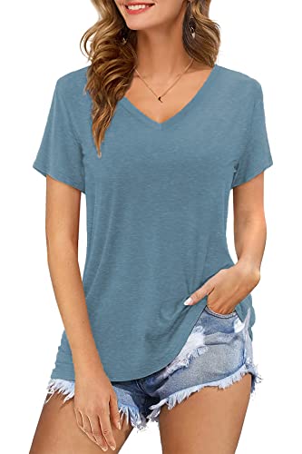 CNFUFEN T Shirt Damen Sommer Comfy Elegant Festival Outfit Damen Kurzarm Solid Farben Mode Beach Sportshirt Damen Kurzarm Polyester Blau M von CNFUFEN