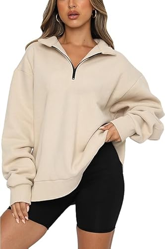 CNFUFEN Damen Pullover Warm Oversized Hoodie Einfarbig Sweatshirt Basic Langarmshirt Damen Longpullover Für Damen Beige Größe XXL(46-48) von CNFUFEN