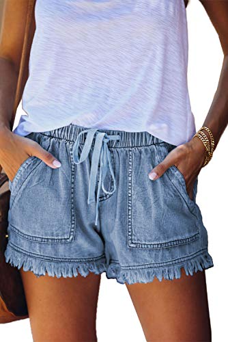 CNFUFEN Damen Kurze Hosen Jeans Short Damen Stretch Sommerhosen Damen Leicht Gummiband Bequeme Lässig Große Taschen Weite Kurze Hosen Kleid Damen Sommer Himmelblau M von CNFUFEN